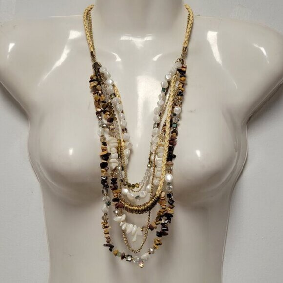 Multistrand Brown and White Bead Necklace Statement Bead Necklace Beach Wedding - Picture 1 of 8